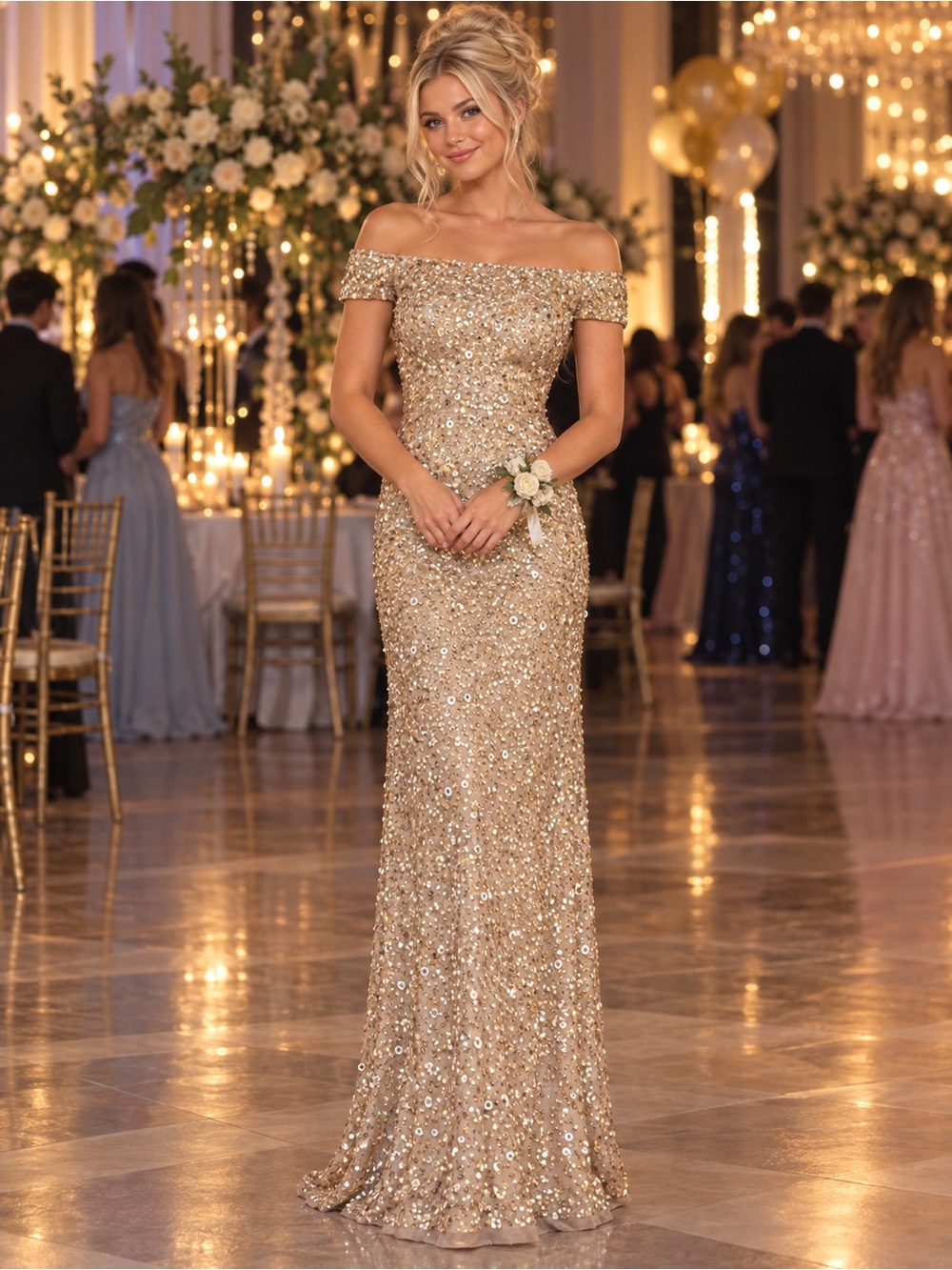 Adrianna Papell Gold Sequin Off-Shoulder Formal Gown Size 4